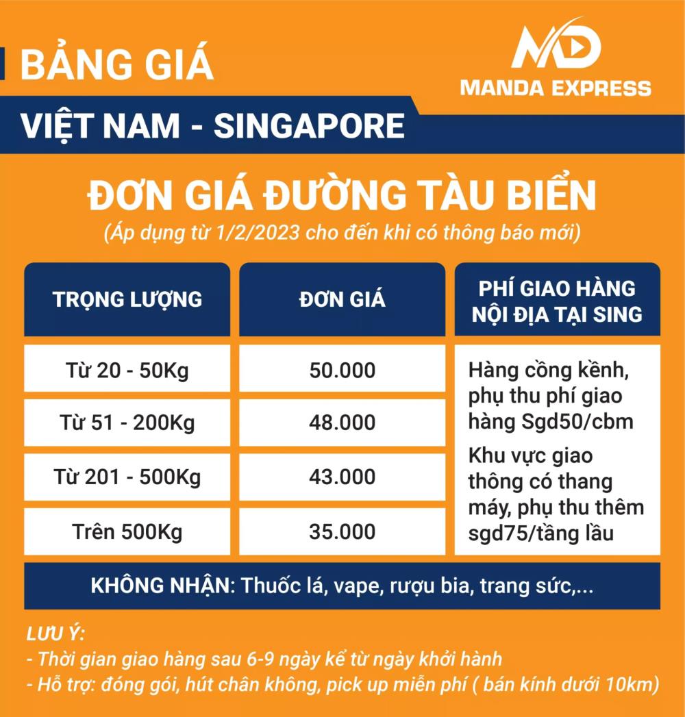 Bảng giá gửi hàng đi Singapore bằng đường biển