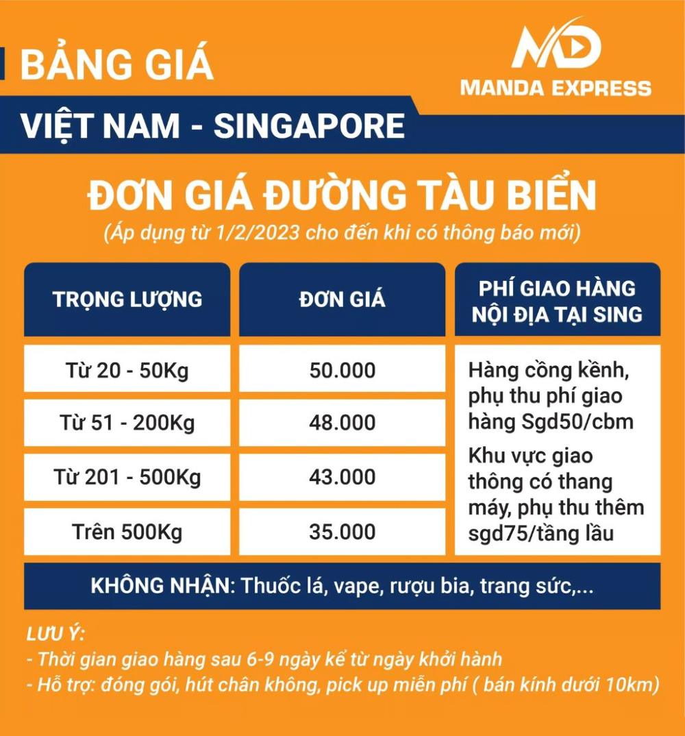 Bảng giá gửi hàng đi Singapore đường biển