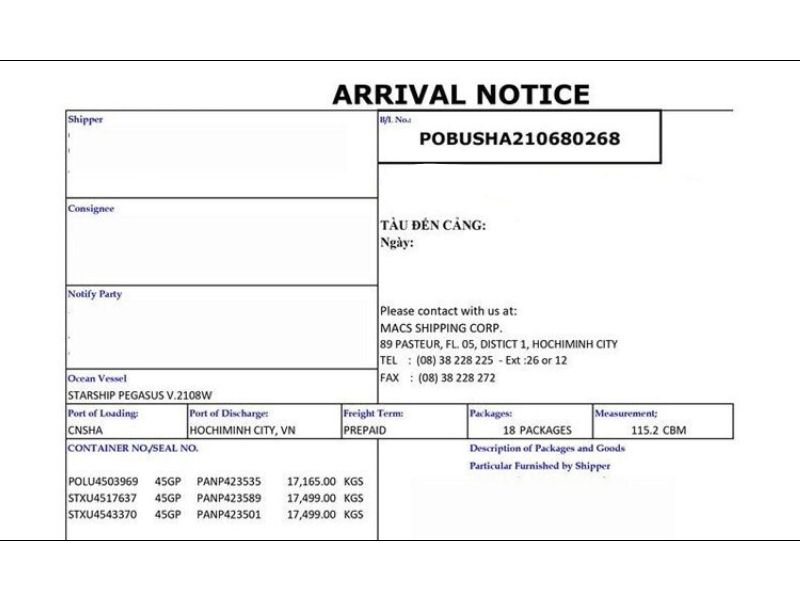 Mẫu Arrival Notice