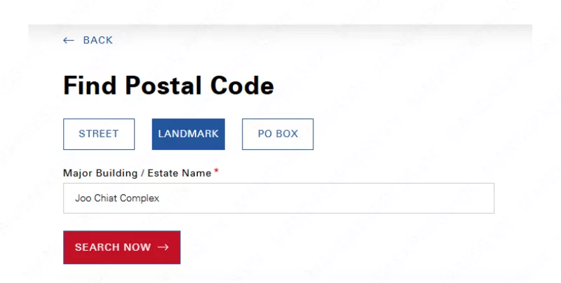 Giao diện tra cứu mã bưu chính bằng tên tòa nhà hoặc địa danh, minh họa nhập Joo Chiat Complex vào ô Major Building.